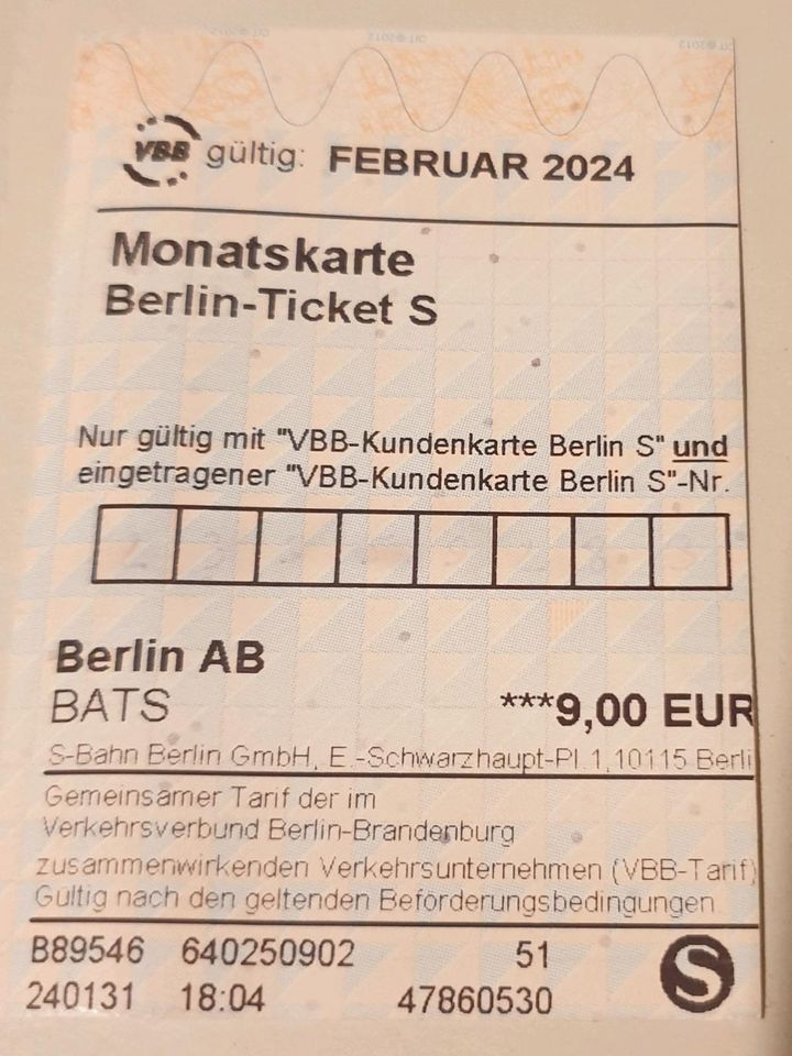 Berlin Ticket S Februar 2024 Monatskarte Monatsticket in Berlin