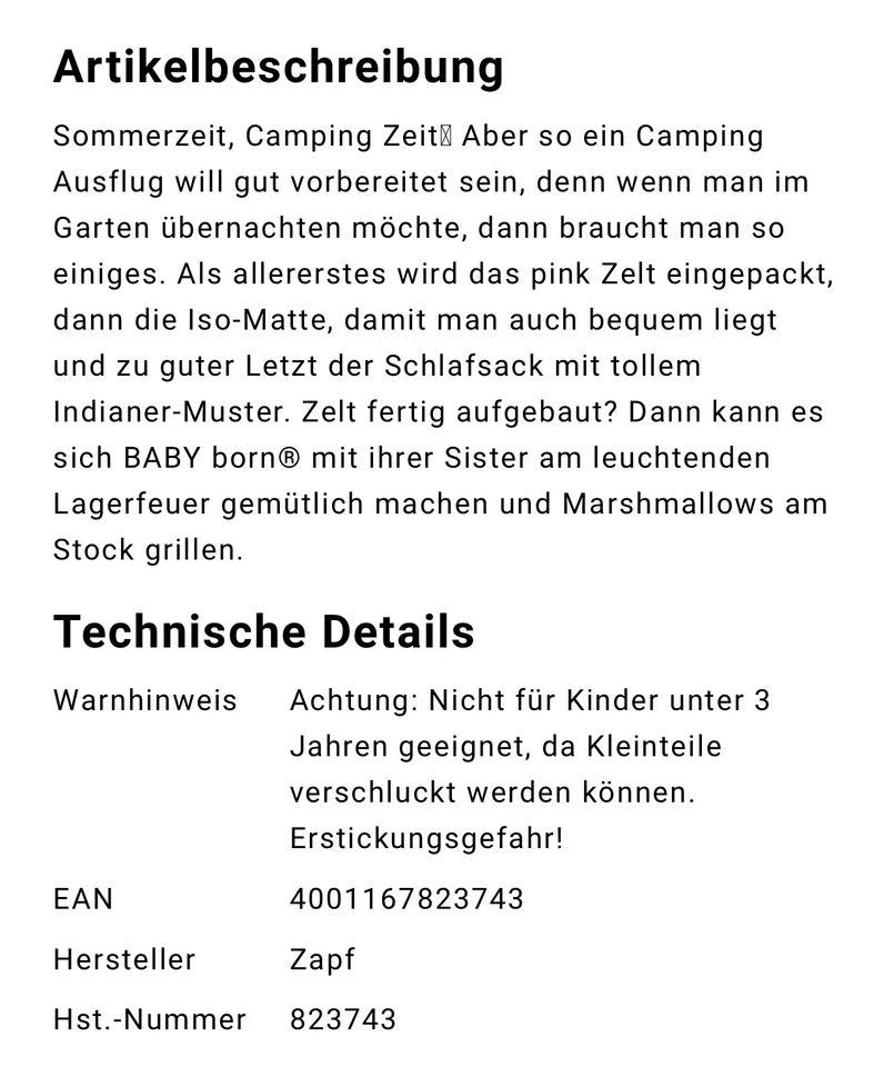 Zapf BABY born Play&Fun Camping Set 823743 in Essen