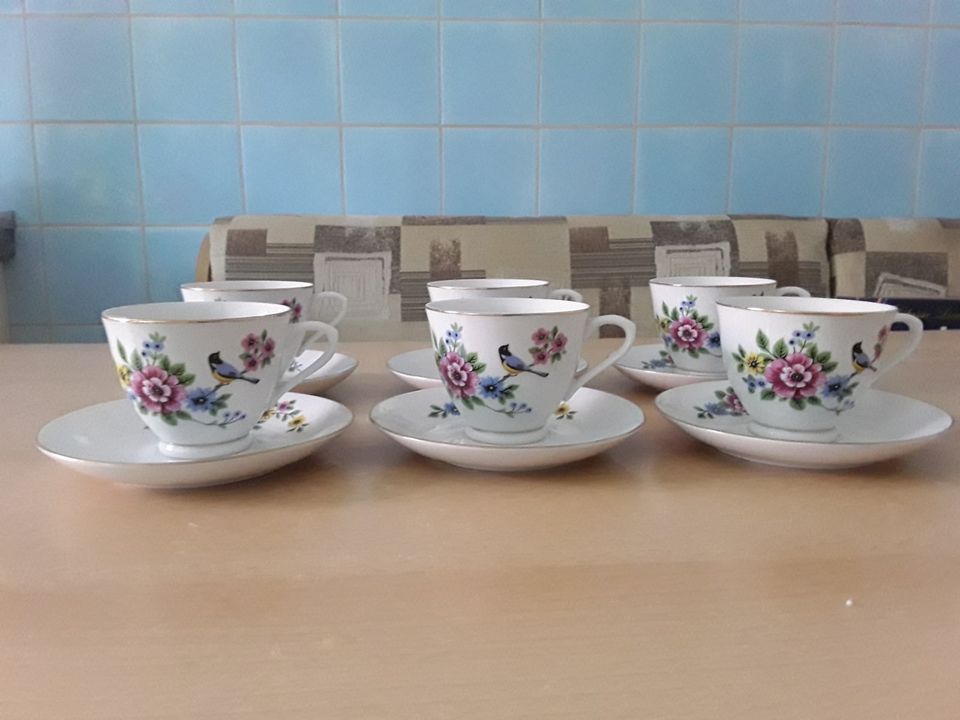 Kaffeeservice weiß 12 Teile Tassen Teller Vogel Blumen TP in Ummanz