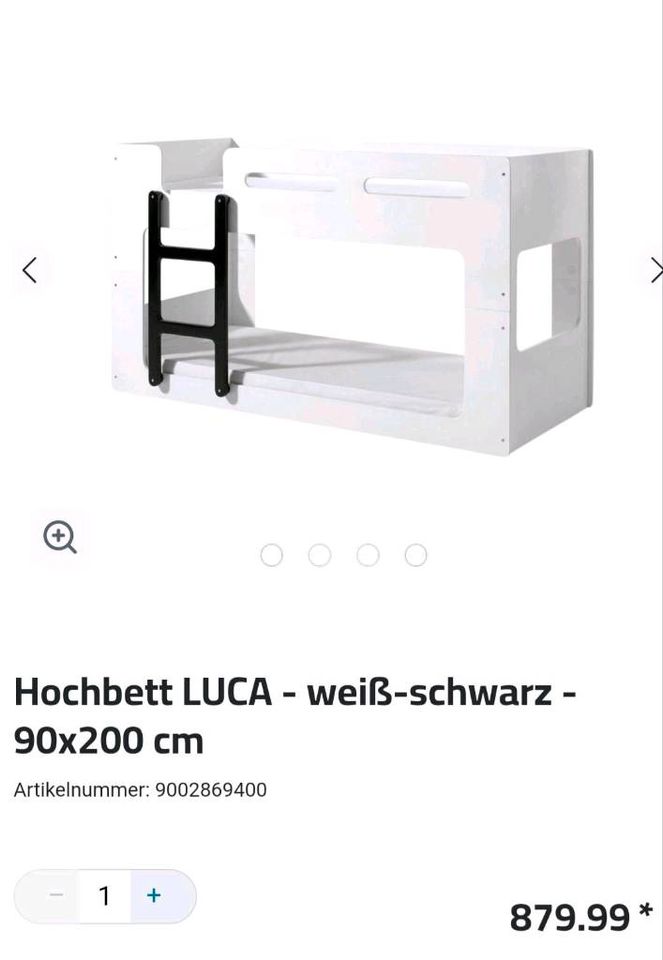 Hochbett (Doppelstock, halbhoch) "LUCA" weiß-schwarz 90x200 cm in Gützkow