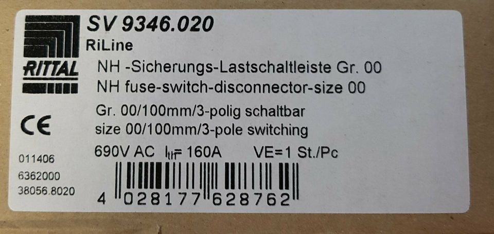 Rittal NH-Sicherungs-Lastschaltleiste Gr. 00 160A SV9346.020 NEU in Damme