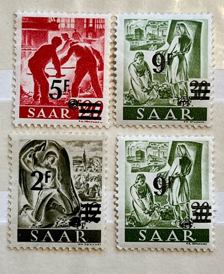 4 Briefmarken Saar Berufe 1947 überdruckt Pfennig Franc in Mainz