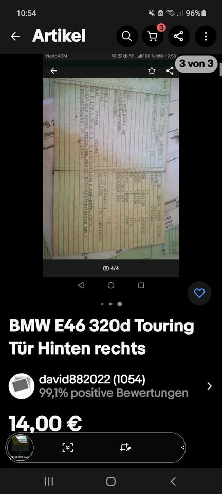 BMW E46 320d Touring Tür Hinten rechts. Zustand: "Gebraucht" in Harburg (Schwaben)