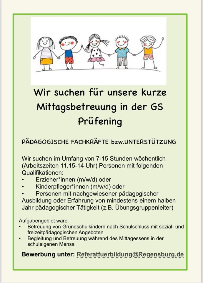 Betreuer*in oder Erzieher*in für Mittagsbetreuung GS Prüfening in Regensburg