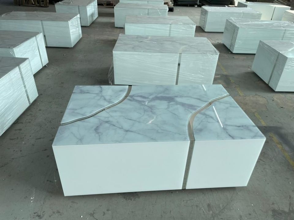 Luxus Designer Tisch mit Marmor Optik - MDF Couchtisch in weiß/silber - 120cm in Bonn