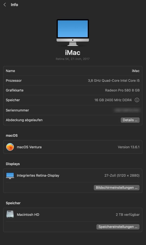 Apple iMac 27 Zoll, Retina 5k, 3,8 GHz, 2TB, 16GB RAM, 2017 in Apen