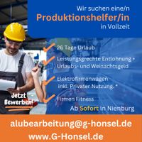 Wir suchen ab sofort einen Produktionshelfer (m/w/d) in Vollzeit! Niedersachsen - Nienburg (Weser) Vorschau