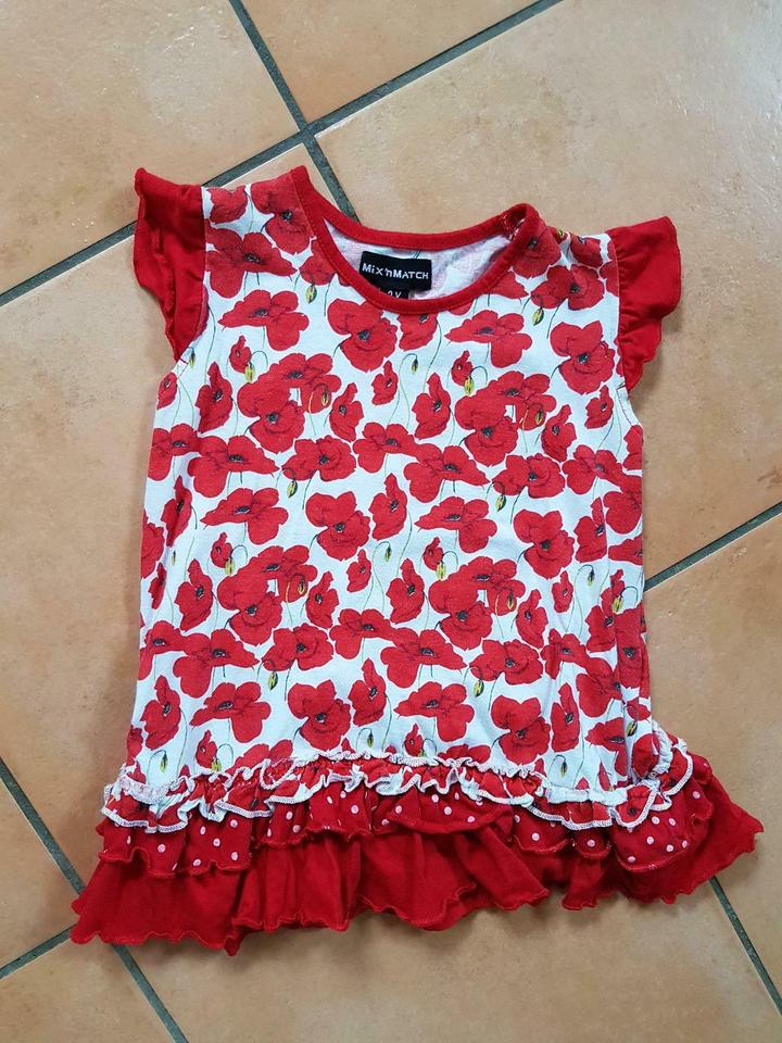 Mix 'n Match Kleid Tunika Gr 92/98 rot weiss MohnBlumen Flower in Mömbris