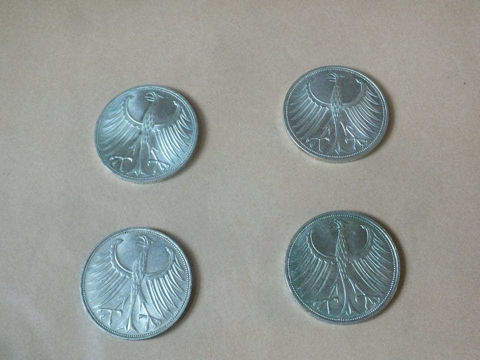 4 x 5 DM-Münzen Silberadler 1967 Prägestätten D,F,G, J 625er in Stuhr