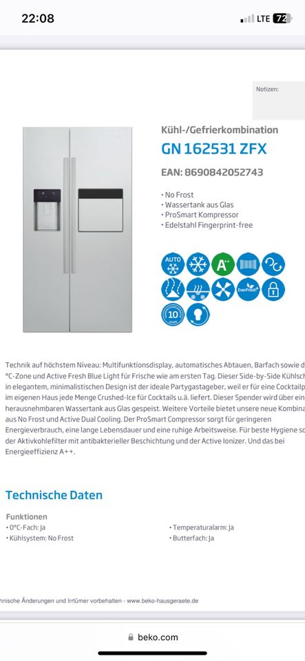 Beko Side by Side Kühl-Gefrier-Kombi Eiswürfel oder Tausch in Rastede