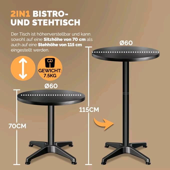 Stehtisch 2er-Set Schwarz Alu Ø60cm klappbar, höhenverstellbar in Blieskastel