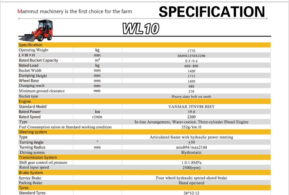 Mammut Radlader Hoflader WL10 Kabine, Kubota Motor, 14500€ netto in Fahrenbach