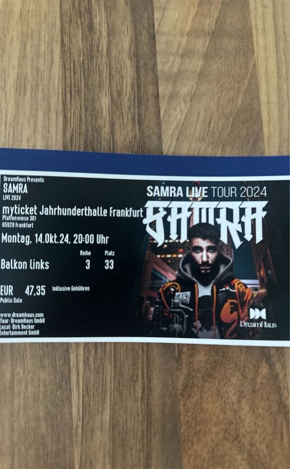 Ticket Samra Tour 2024 Frankfurt ( original Preis 47,35€) in Udenheim