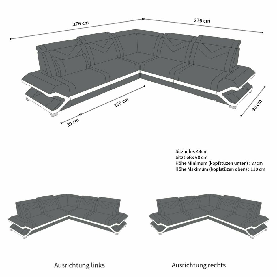 Leder Ecksofa Sorrento L Form Ledercouch modern mit LED Couch in Berlin