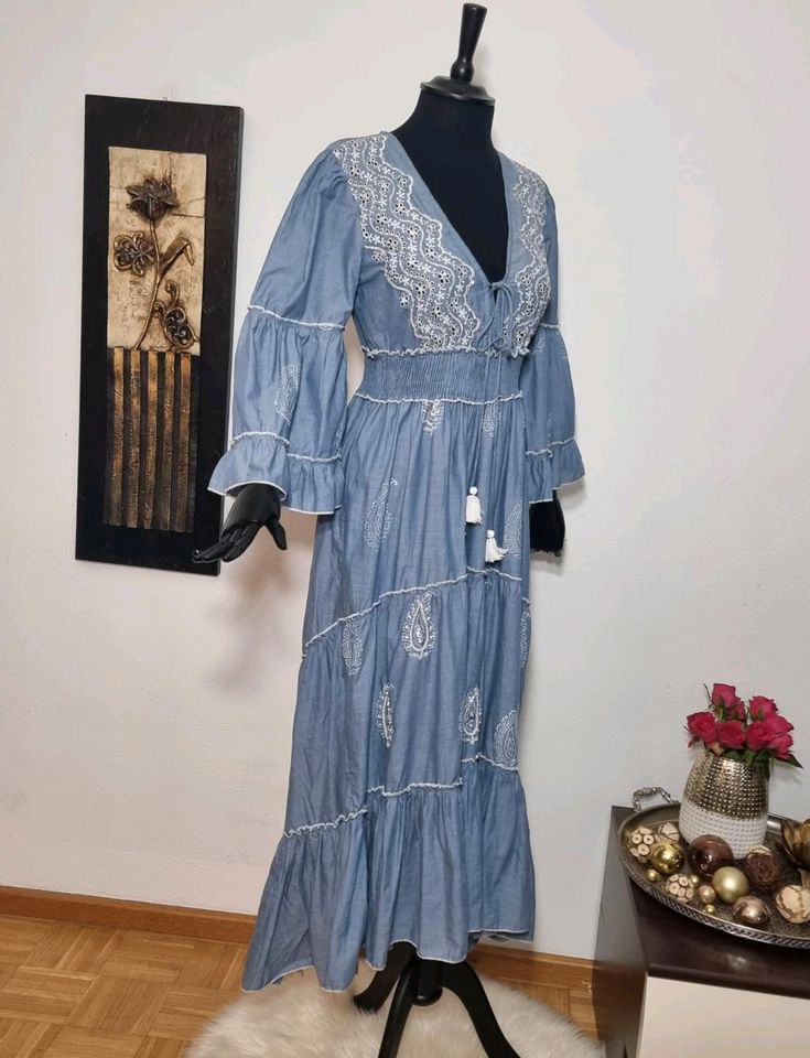 Traumhaftes Boho Maxikleid Paisley  Vokuhila Jeansblau 36 38 in München