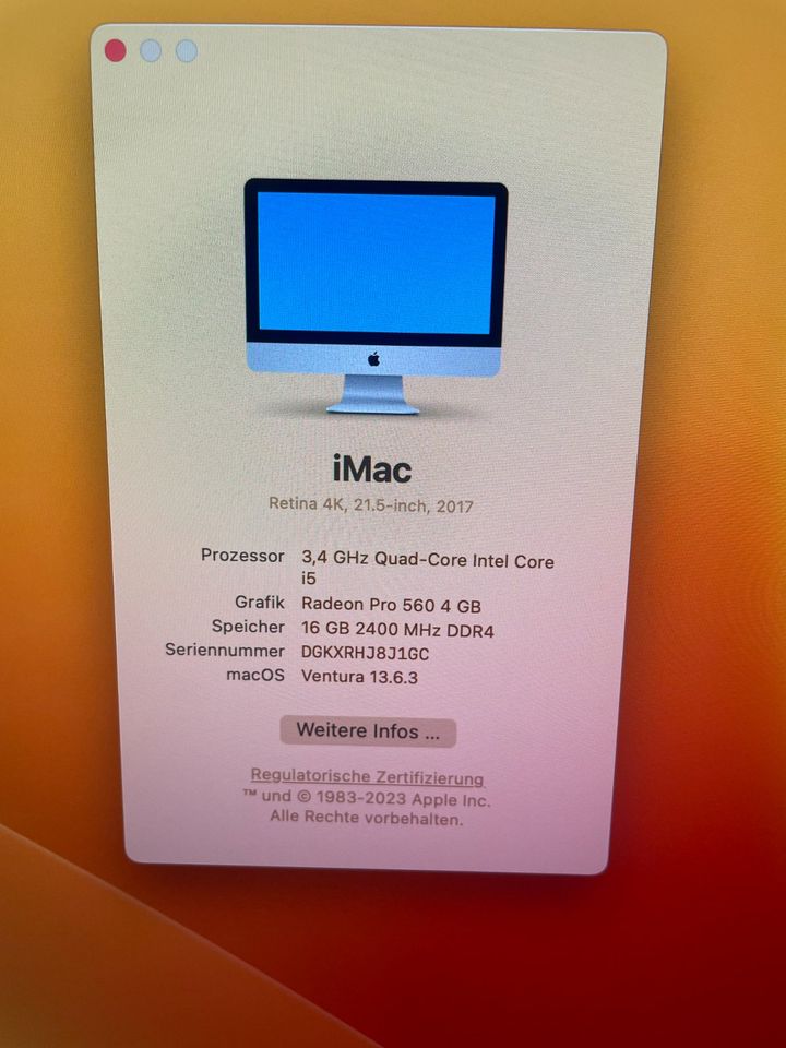 iMac  21,5” Zoll  macOs Ventura 13.6.3  Intel Quad Core i5  2017 in Mannheim