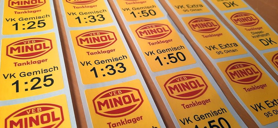 VEB Minol Tanklager Aufkleber-Set Gemisch DK VK Extra in Gera