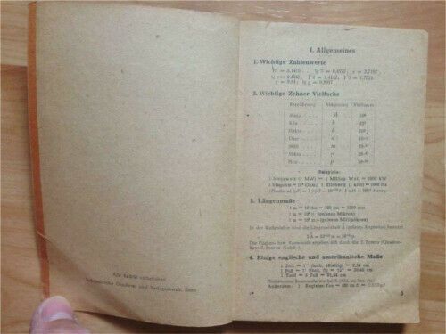 Technisches Taschenbuch 1947 Formeln + Zahlentafeln Dipl. Pellenz in Hannover