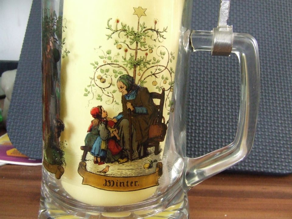 Bierkrug mit Zinndeckel, Glas „Vier Jahreszeiten“ NEU in Münchberg