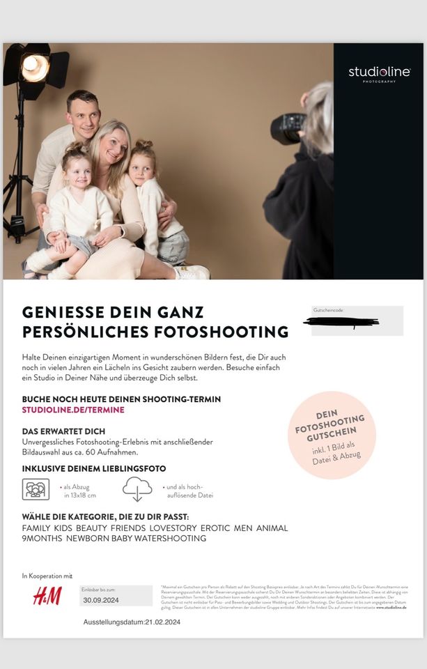 Gutschein für gratis Fotoshooting bei studioline in Berlin