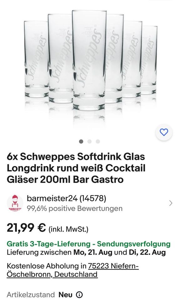 Schweppes Longdrinkglas 0,2l NEU 4 Karton UVP je 22€ in Heubach