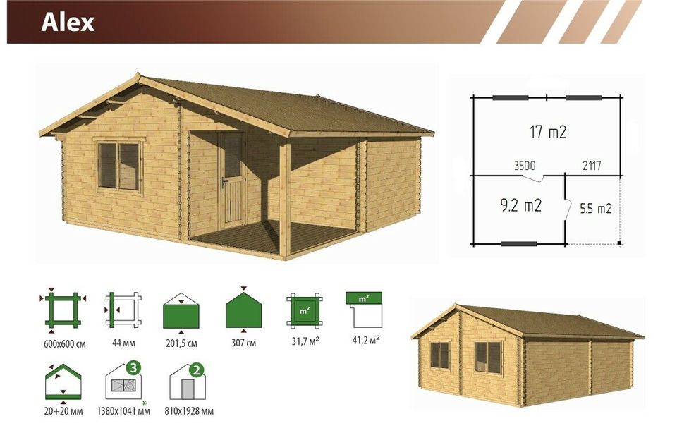 Gartenhaus 44mm Holzhaus Freizeithaus Partyhaus Blockhaus 6 x 6m in Egeln