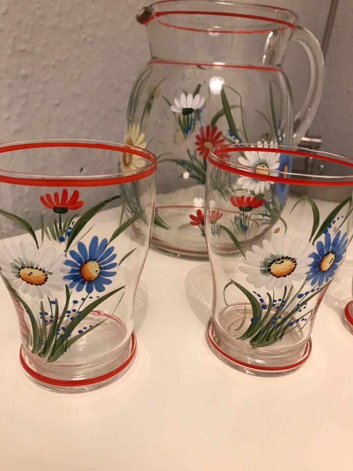 Glaskrug bemalt incl. 5 Gläser, 40-er/50-er Jahre ❤️ einzigartig in Pforzheim