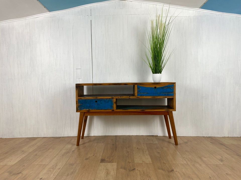 Boatwood by WMK # Besondere Konsole aus altem Bootsholz mit Schubladen, ein handgefertigtes Unikat aus massivem Teakholz # Kommode Sideboard Schrank Garderobe Ablage Flurkommode Industrial Upcycling in Berlin