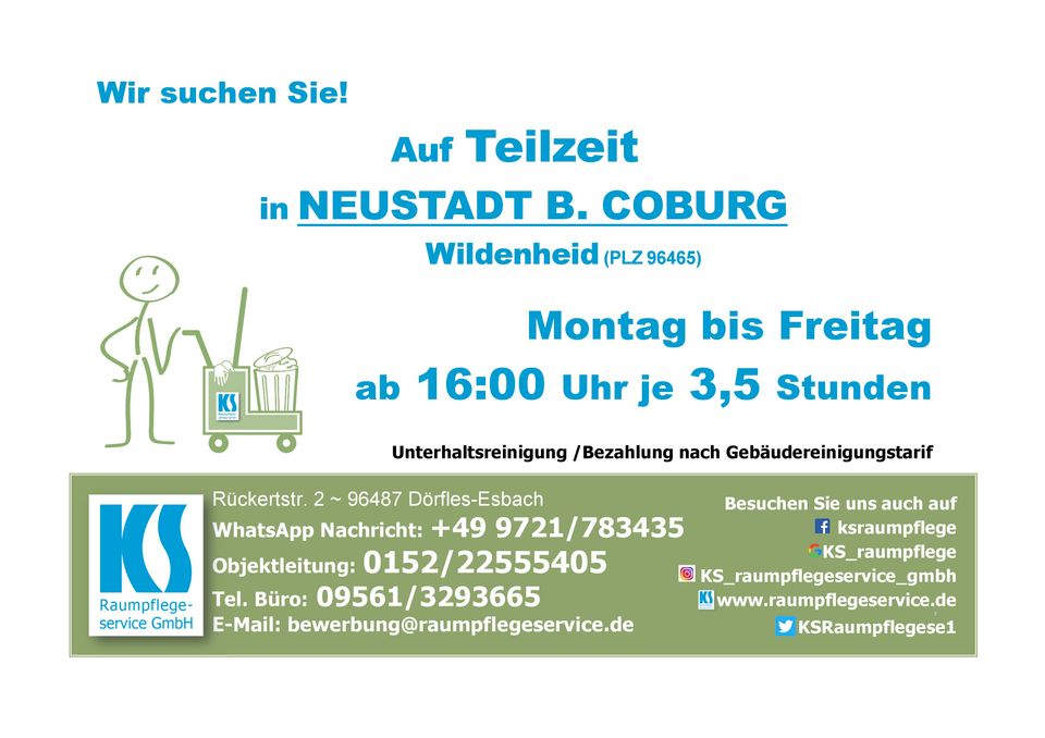 Arbeit / Teilzeit Reinigungskraft (m/w/div) in Neustadt b. Coburg in Neustadt b.Coburg