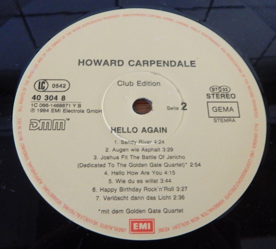 HOWARD CARPENDALE LP, Hello Again, DMM EMI Club Edition in Niederheimbach