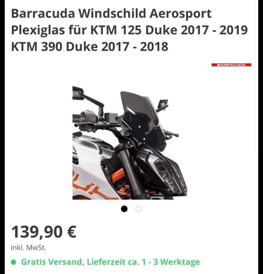 Barracuda Windschild Plexiglas für KTM 125 Duke, Bj. 2017-2019 in Herborn