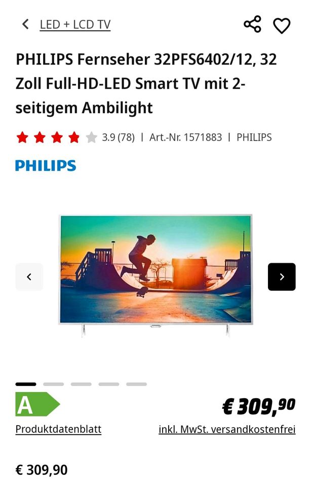 PHILIPS Fernseher 32PFS6402/12, 32 Zoll Full-HD-LED Smart TV mit in Bad Soden am Taunus