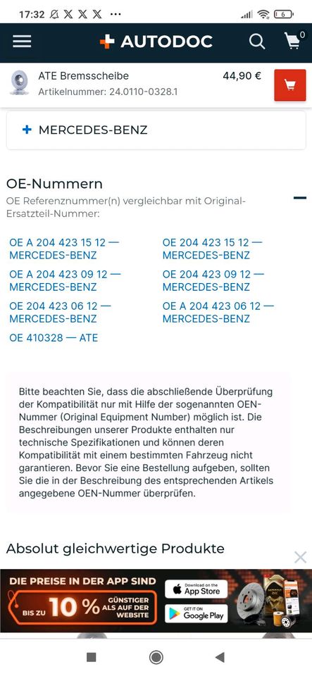ATE Bremsscheiben voll 300mm Hinterachse Mercedes  Benz C-Klasse in Wallmerod