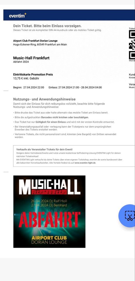 1 Ticket Music Hall 27.4.24 Frankfurt in Frankfurt am Main