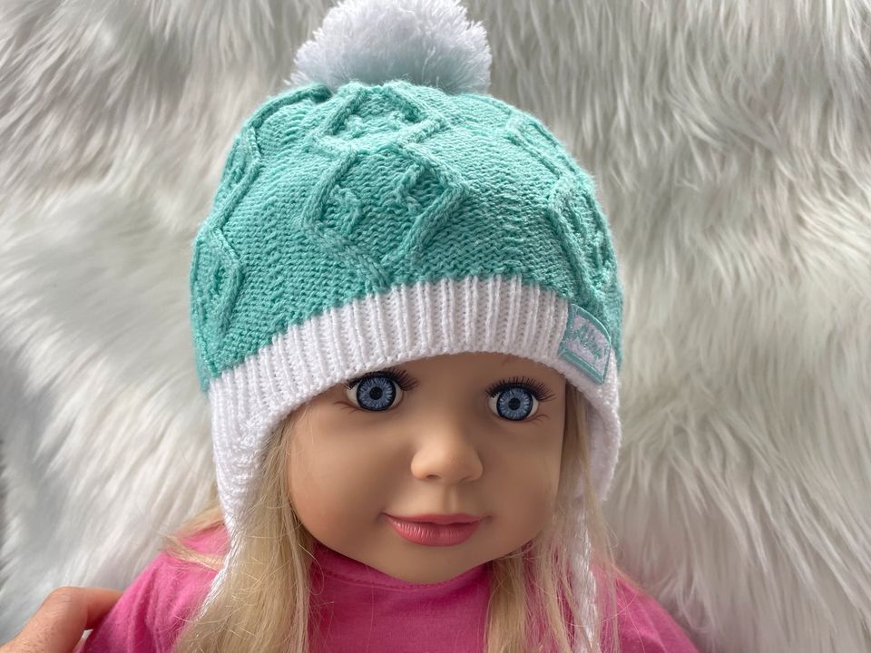 ❤️ Mütze mit Bommel | türkis / mint | unisex | Größe 74/80 in Rodgau