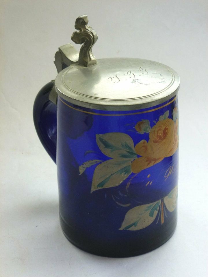 Biedermeier Glas Bierkrug Maßkrug Seidel Blau Zinndeckel ~1860 in Stuttgart