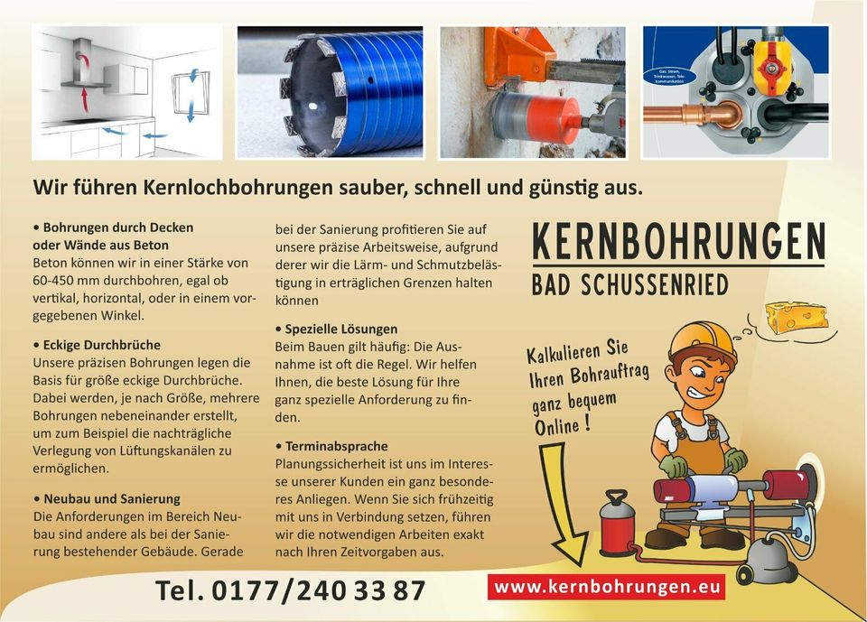 Kernbohrung - Deckendurchbrüche - Wandsägen - Fugenschneiden in Bad Schussenried