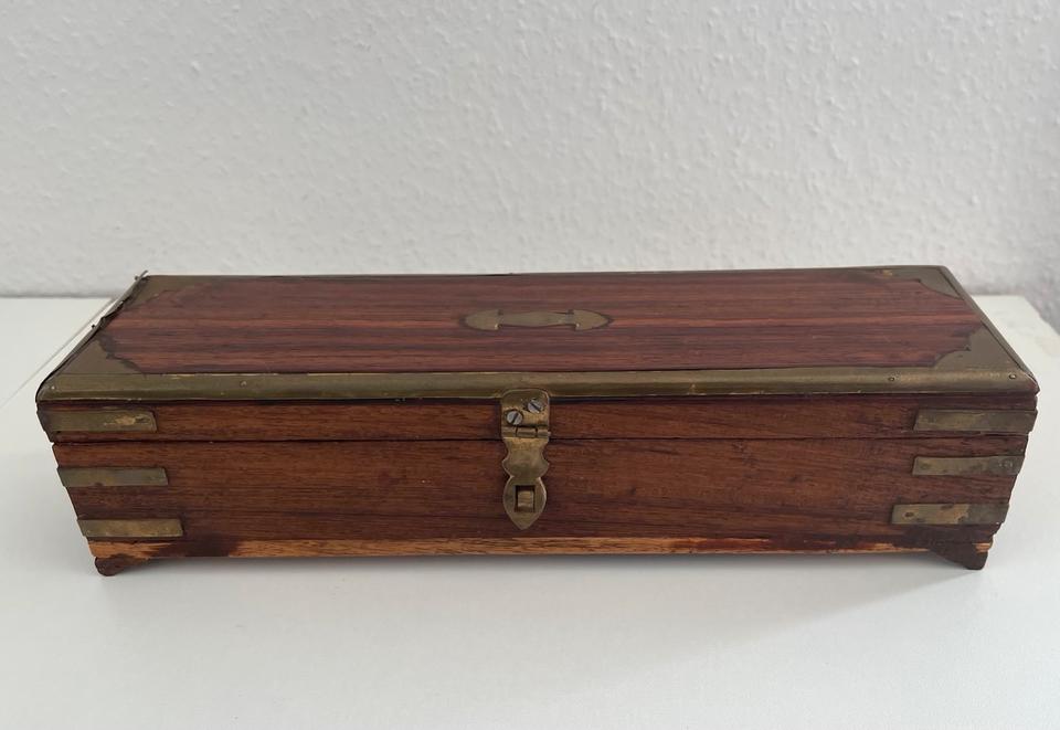 Antique Holz Stiftebox Hülle Stift Box Messing Kiste Defekt in Abstatt