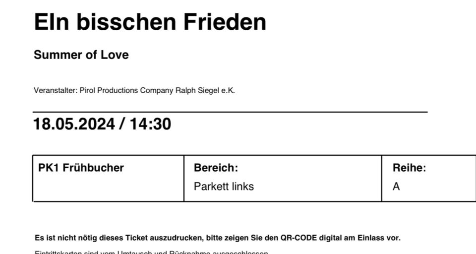 Deutsches Theater München- Ein bißchen Frieden 18.05.24 2 Tickets in Buchloe