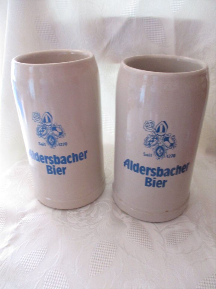 2 Steingut Bierkrüge 1 Liter "Aldersbacher Bier" in Bad Nauheim