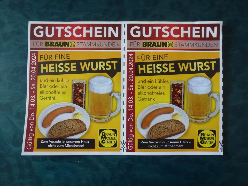 2 Gutschein für Heiße Wurst und Getränk bei Möbel Braun in Konstanz
