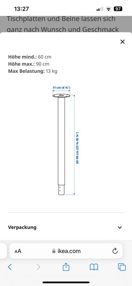 Ikea Tischbein / Olov höhenverstellbar 60-90cm in Beselich