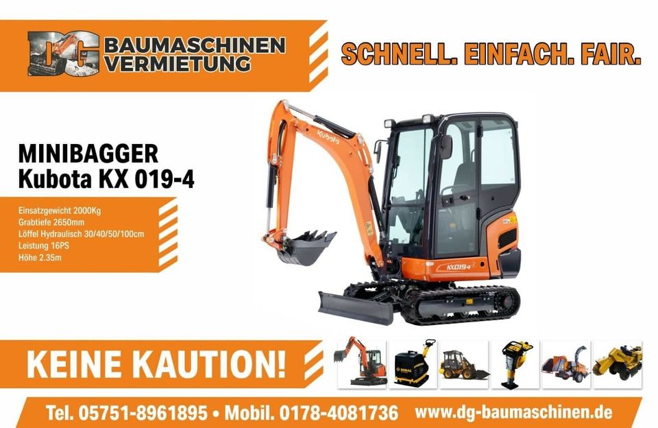 ✔ Minibagger mieten ab 60 Euro Bagger zu mieten leihen vermieten Baumaschinenvermietung  1,9t Kubota Cat in Porta Westfalica