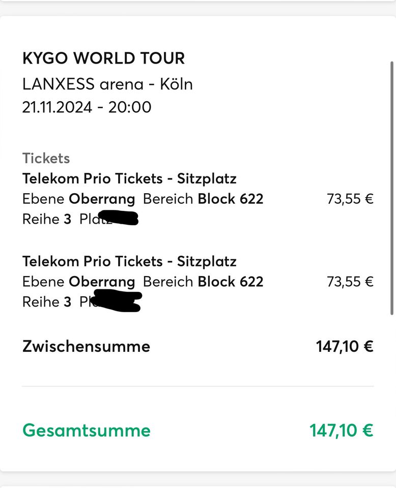 Kygo World Tour Köln Lanxess Arena 2x Sitzplatz in Schwabach