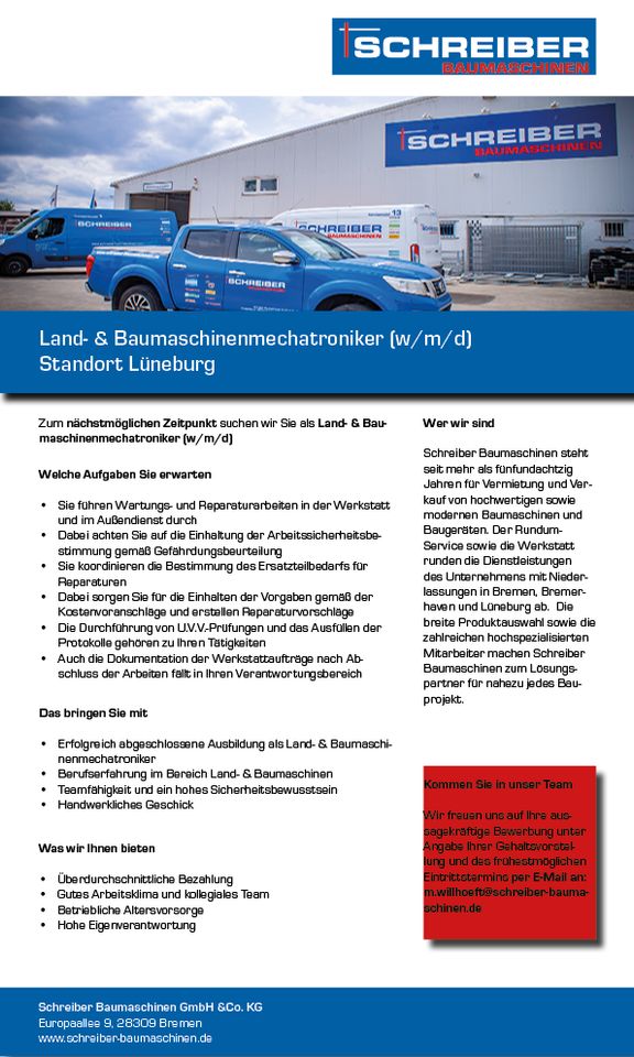 LAND- & BAUMASCHINENMECHATRONIKER (W/M/D), STANDORT LÜNEBURG in Lüneburg