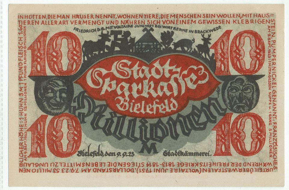 Bielefeld Stadtsparkasse 10 Millionen Mark 9.9.1923 Papier in Hamburg