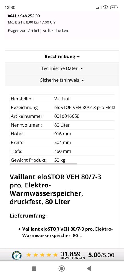 Vaillant Wasserboiler 80 Liter Strom in Lutter am Barenberge