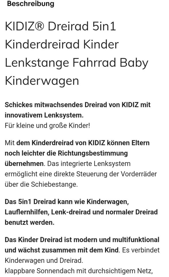 Kidiz Dreirad 5in1 Kinderdreirad mit Lenkstange in Gusborn
