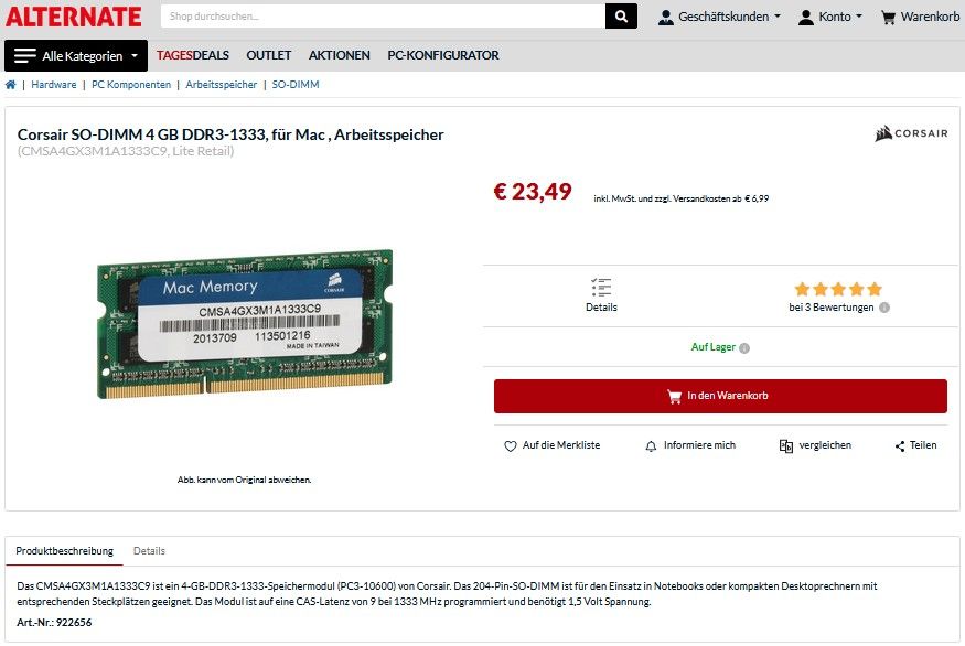 1 x 4GB DDR3 1333MHz MACMEMORY CMSA4GX3M1A1333C9 in Jena