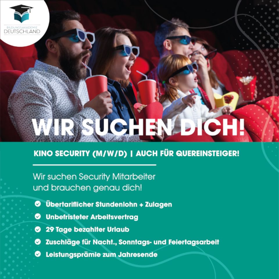 Werde Security fürs Kino!| 2.500,00€ möglich (m/w/d)|job|security|quereinsteiger|sicherheitsmitarbeiter|vollzeit in Bochum